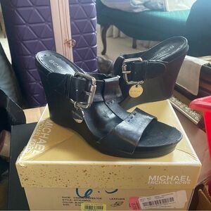 BCBG Black Leather Wedge Sandals